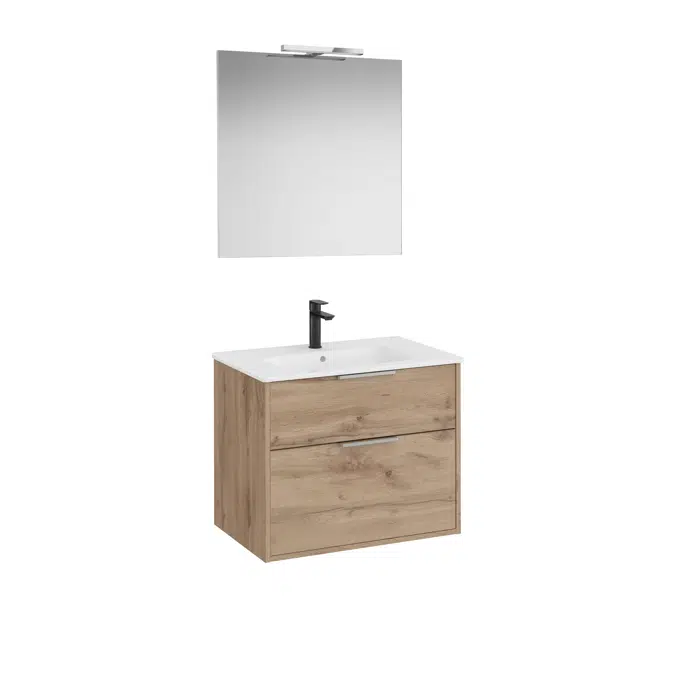 Optica Pack - Base unit with two drawers , ceramic basin, mirror and LED spotlight