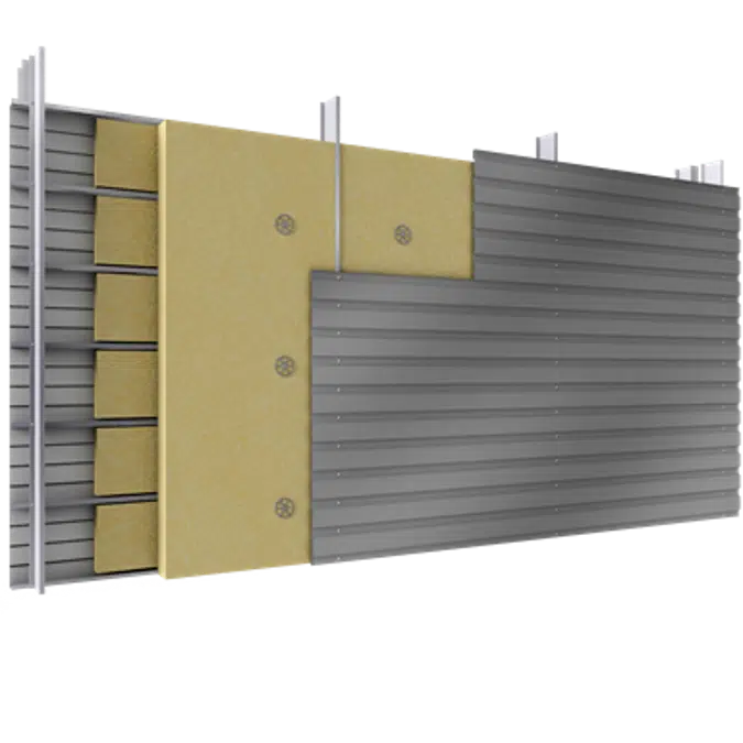 Doppelte Aussenfassade aus Stahl Verlegung H, vollständige Platten, Abstandhalter, mit 2 Dämmflächen
