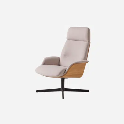 REV0110 - Lounge armchair with high back, outer shell in oak veneer and 4 spoke aluminum swivel base 이미지