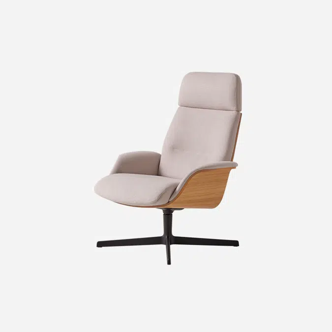 REV0110 - Lounge armchair with high back, outer shell in oak veneer and 4 spoke aluminum swivel base