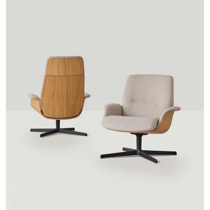 REV0110 - Lounge armchair with high back, outer shell in oak veneer and 4 spoke aluminum swivel base