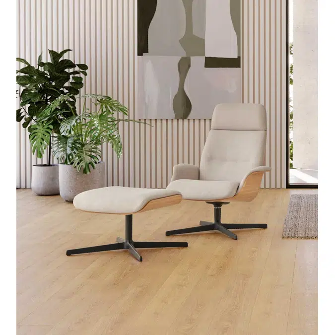 REV0110 - Loungesessel mit hoher Rückenlehne, äußerer Sitzschale in Eichenfurnier und 4-Speichen-Drehgestell aus Aluminium
