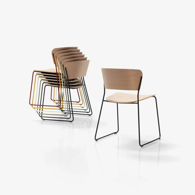 ARC0010 - Chair with wooden seat and back and steel rod sled base. This version is stackable.