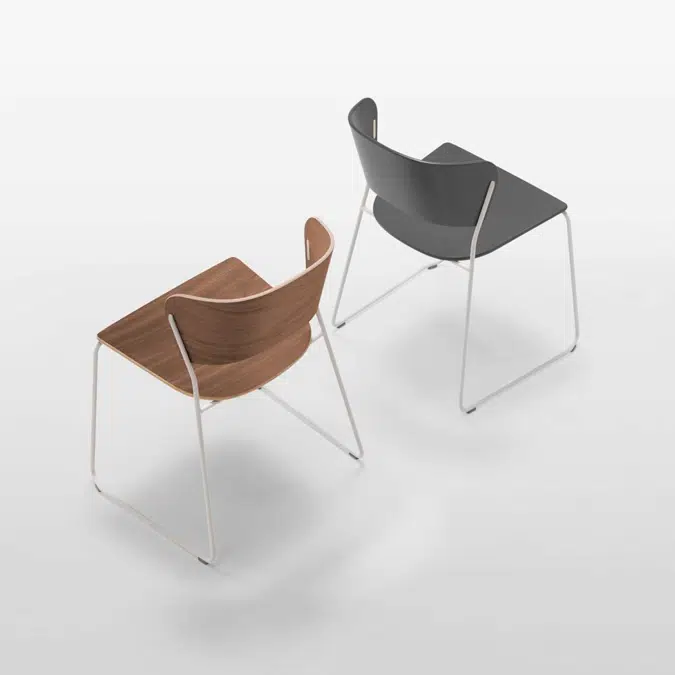 ARC0010 - Chair with wooden seat and back and steel rod sled base. This version is stackable.