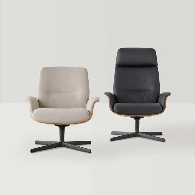 REV0010 - Lounge armchair with medium back, outer shell in oak veneer and 4 spoke aluminum swivel base