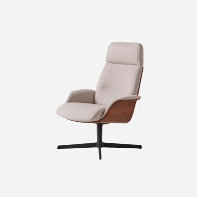 afbeelding voor REV0220 - Lounge armchair with reclining high back, outer shell in walnut veneer and 4 spoke aluminum swivel base