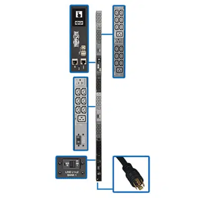 Image for 8.6kW 3-Phase Monitored PDU, LX Interface, 208/120V Outlets (36 C13/6 C19/3 5-15/20R), LCD, NEMA L21-30P, 1.8m/6 ft. Cord, 0U 1.8m/70in. Height, TAA