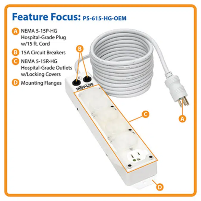 UL 1363A Medical-Grade Power Strip; 6 15A Hospital-Grade Outlets, Safety Covers, 15 ft. Cord