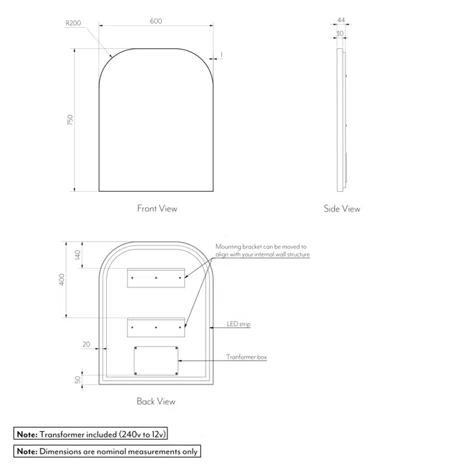 Arch Wall Mirror LED 600x750mm