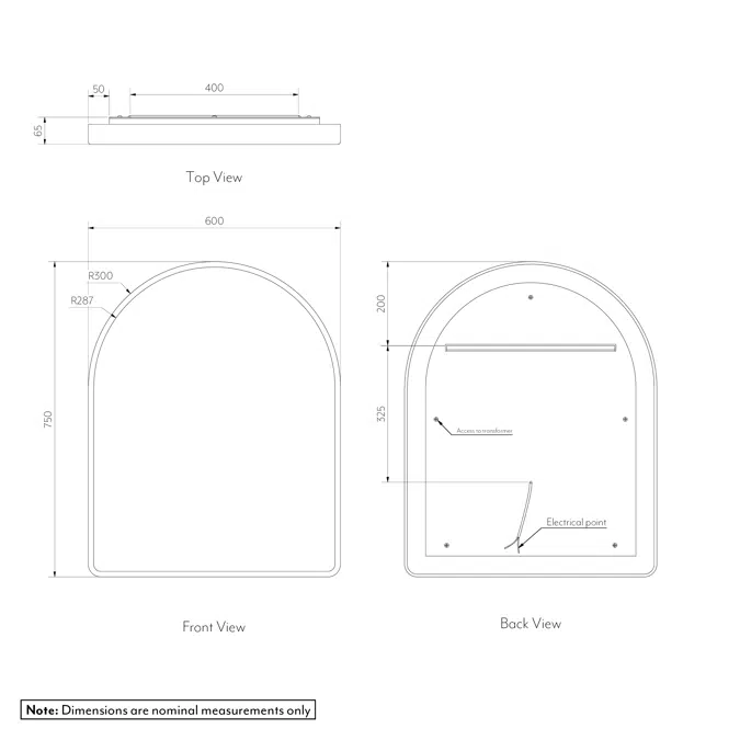 Arch Wall Mirror LED 600 x 750mm - Matte White (Solid Surface)