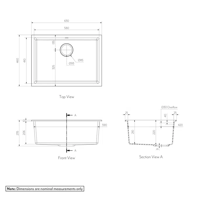 Vienna Single Sink 630mm (Overflow)
