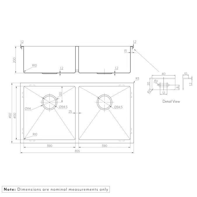 Zalo Double Kitchen Sink 855mm