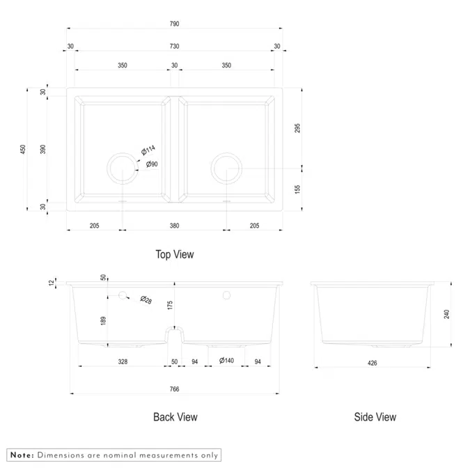 Vera Double Sink 790mm (Overflow)