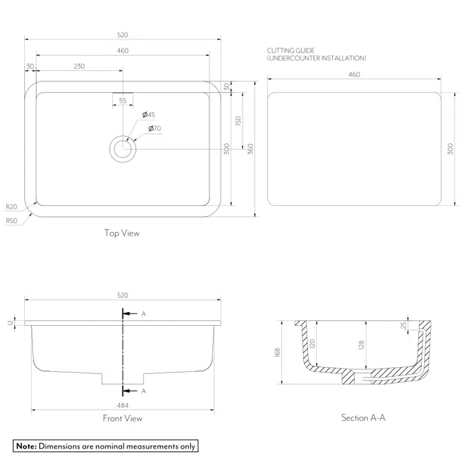 Zuri Rectangle Undercounter Basin 520mm (Large)