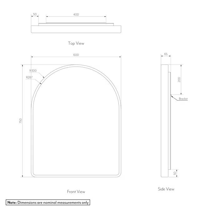 Arch Wall Mirror 600 x 750mm - Matte White (Solid Surface)