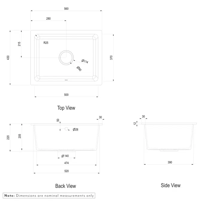 Vera Single Sink 560mm (Overflow)