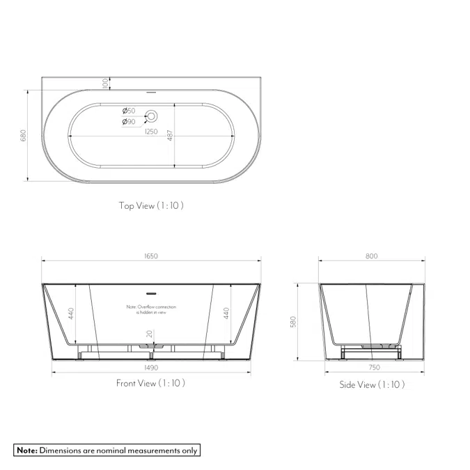 Azul Acrylic Back-to-Wall Freestanding Bath - 1650mm