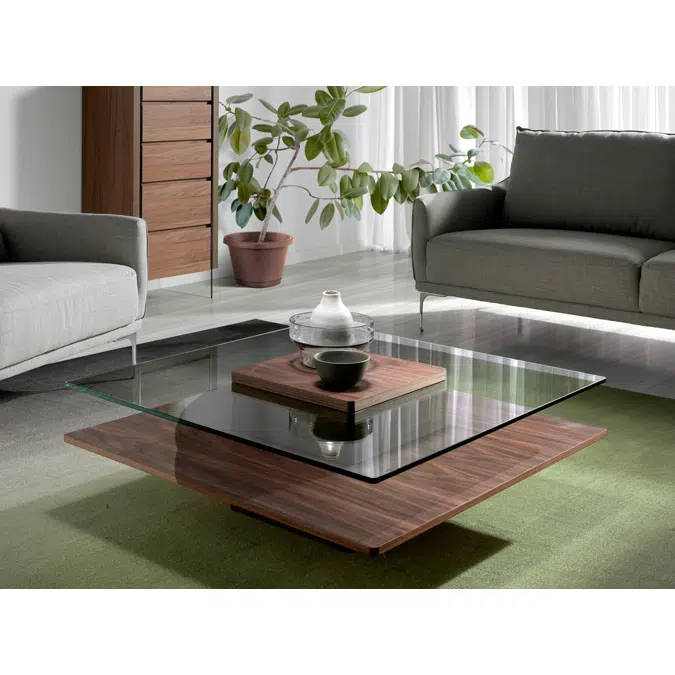 Square coffee table in tempered glass and Walnut wood
