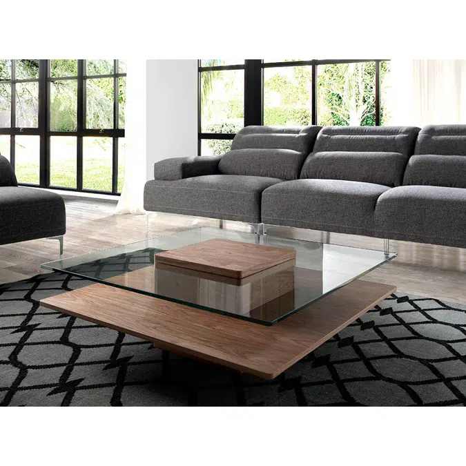 Square coffee table in tempered glass and Walnut wood