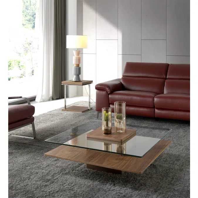 Square coffee table in tempered glass and Walnut wood