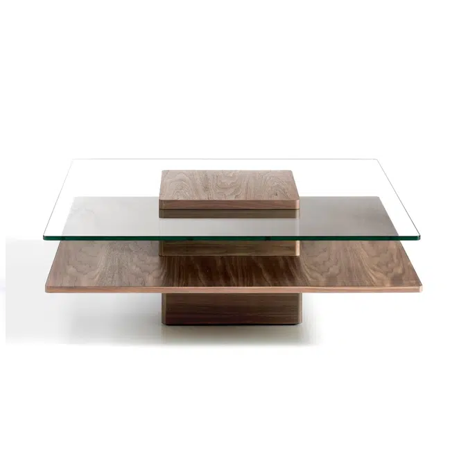 Square coffee table in tempered glass and Walnut wood