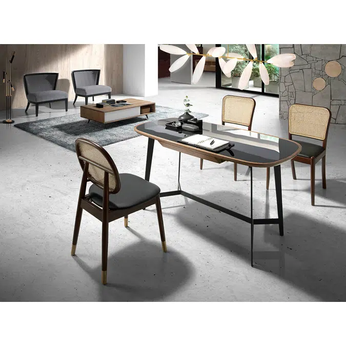Chair upholstered in leatherette with rattan backrest and walnut wood legs