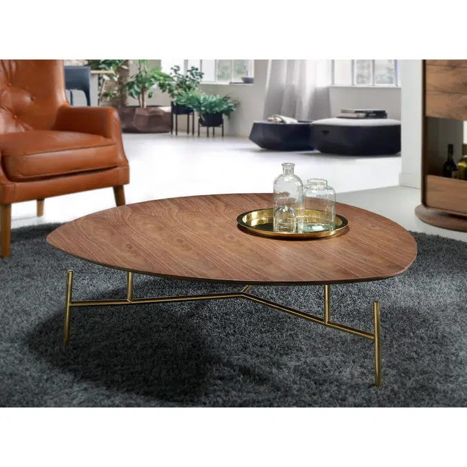 Mesa centro de madera Nogal y acero dorado