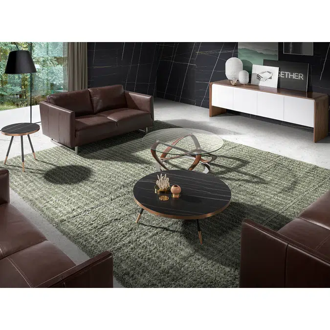 Mesa centro redonda de cristal templado y madera maciza color Nogal