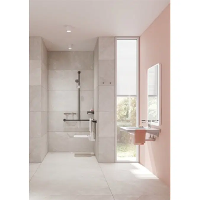HEWI Rail with sideways adjustable vertical support bar and shower head holder 900-35-30960