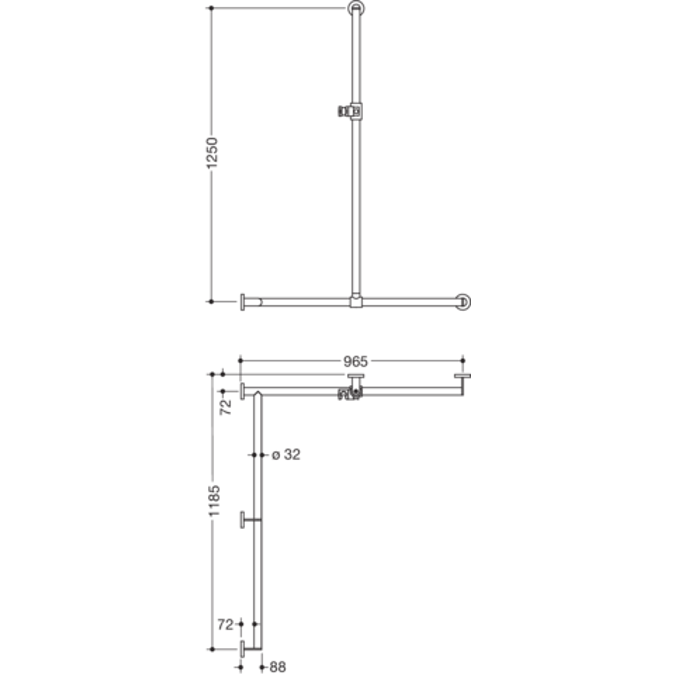 HEWI Shower grab rail with sideways adjustable vertical support bar and shower head holder