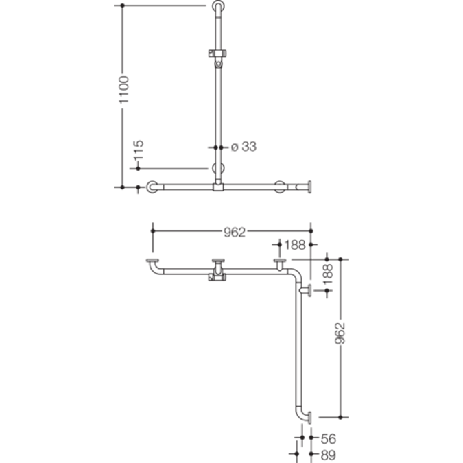 HEWI Shower grab rail with sideways adjustable vertical support bar and shower head holder WARM TOUCH