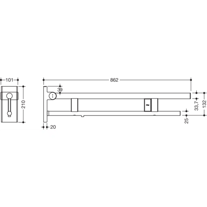 Stützklappgriff Duo, Design A, mit Spülauslösung (E-Ausführung), 850 mm, pulverbeschichtet, links, 900-50-14460