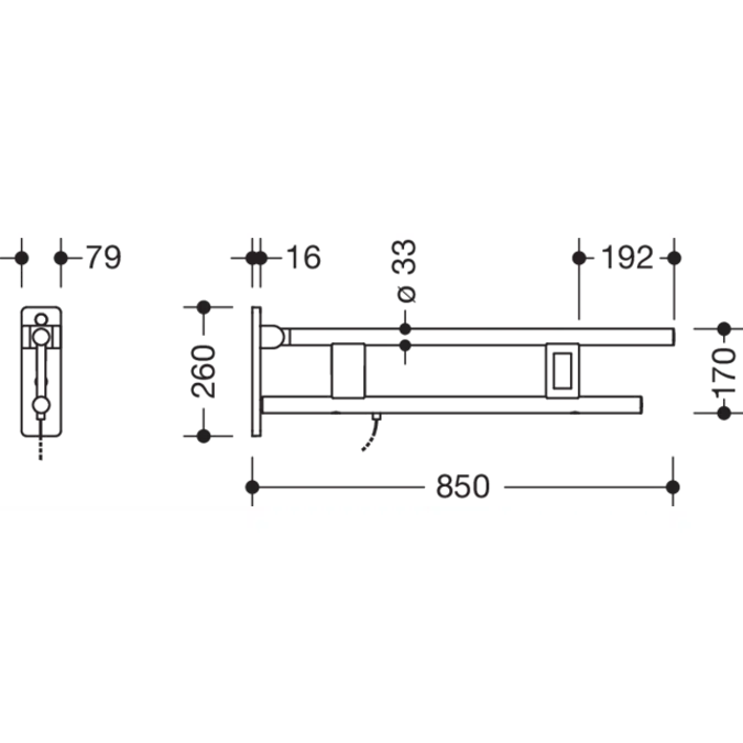 Barre d'appui relevable HEWI, avec boutons de rinçage et de fonction, version E, 850 mm, droite, 700-50-12000
