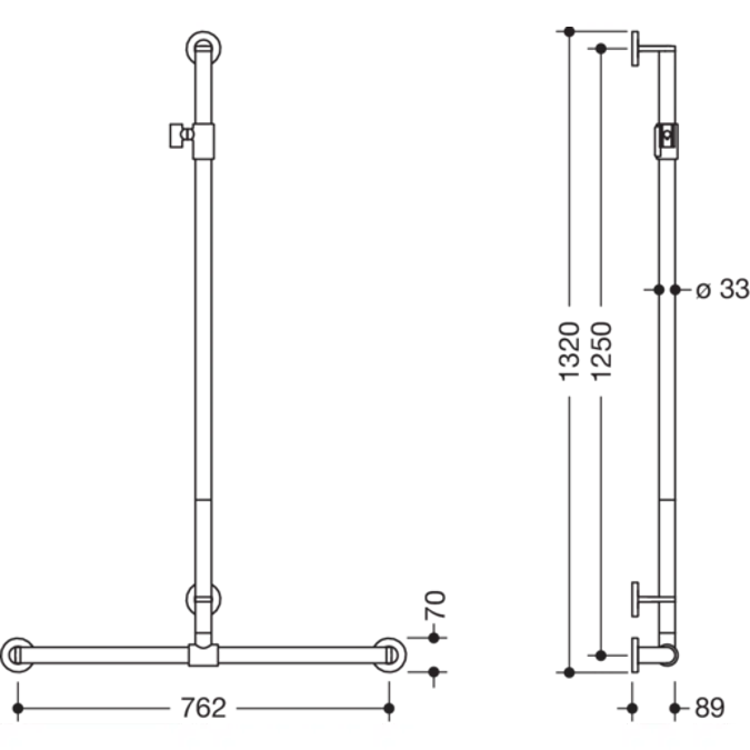 Rail with sideways adjustable vertical support bar and shower head holder, 762 x 1250 mm, 700-35-00200