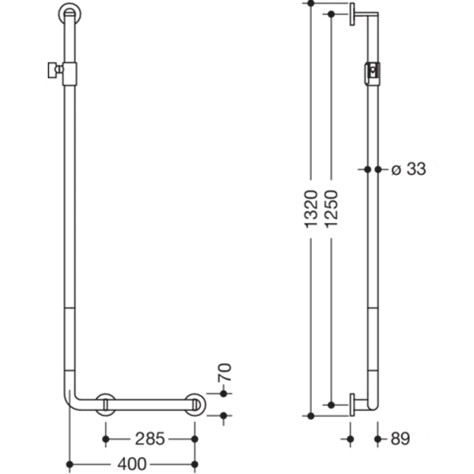 Barre de maintien coudée avec support de douche HEWI, 400 x 1250 mm, 700-33-00100