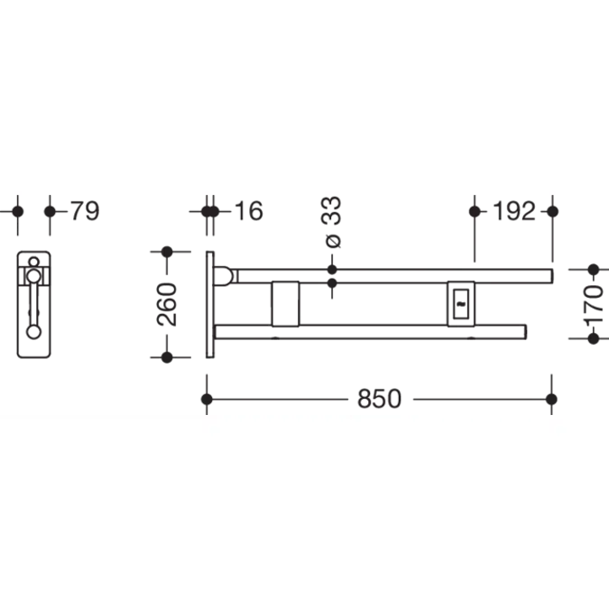 Barre d'appui relevable HEWI, avec touche commande de chasse d'eau (radioélectrique), 850 mm, gauche, 700-50-10700