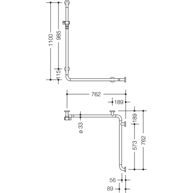 HEWI Rail with vertical support bar and shower head holder incl. handheld shower and shower hose
