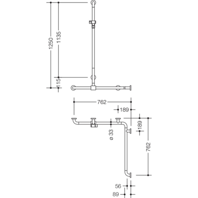 HEWI Shower grab rail with sideways adjustable vertical support bar and shower head holder