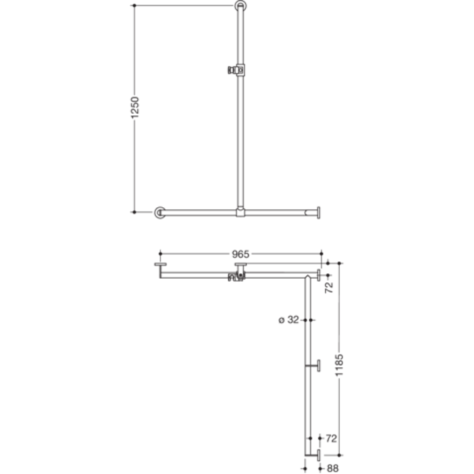 HEWI Shower grab rail with sideways adjustable vertical support bar and shower head holder