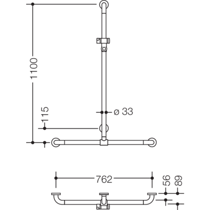 HEWI Shower grab rail with sideways adjustable vertical support bar and shower head holder WARM TOUCH