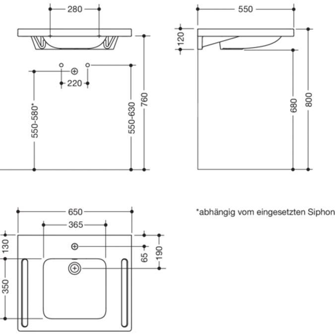 Washbasin, 650 mm wide, ergonomic handles, with overflow, 950-11-141