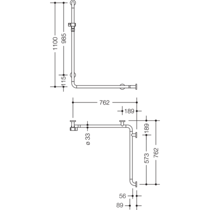 Duschhandlauf mit Brausehalterstange, 1100 x 762 x 762 mm, matt, Stahlkern, 801-35B210