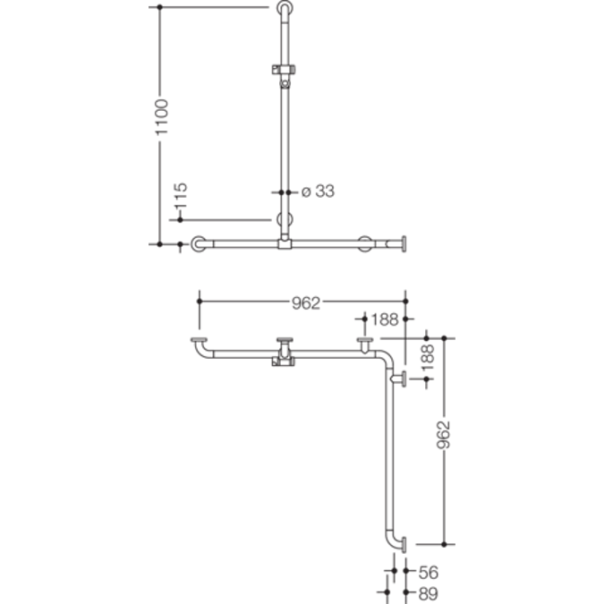 Duschhandlauf mit verschiebbarer Brausehalterstange WARM TOUCH, 1100 x 962 x 962 mm, chromoptisch beschichtet, Brausehalter Anthrazitgrau (92), Stahlkern, 801-35-32054