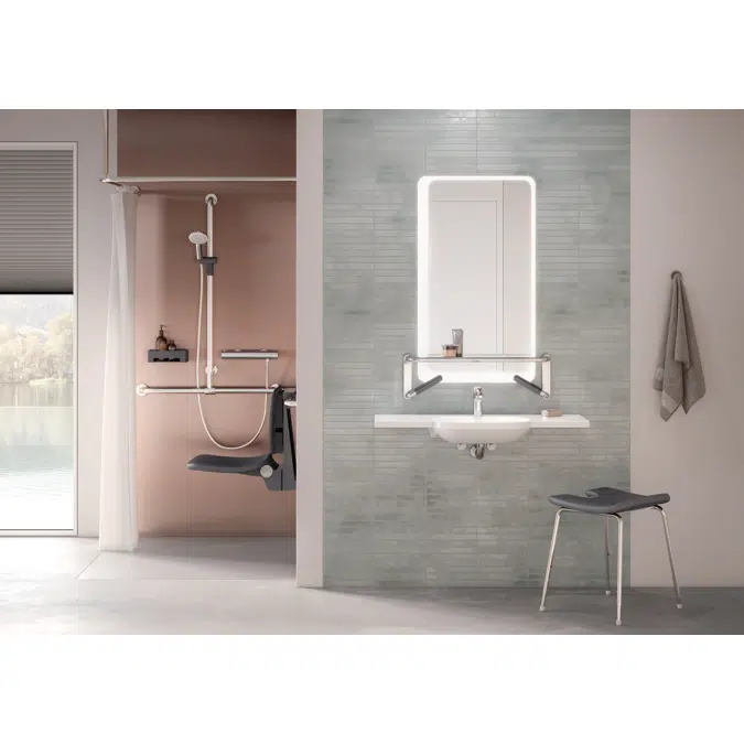 HEWI Shower grab rail with sideways adjustable vertical support bar and shower head holder WARM TOUCH