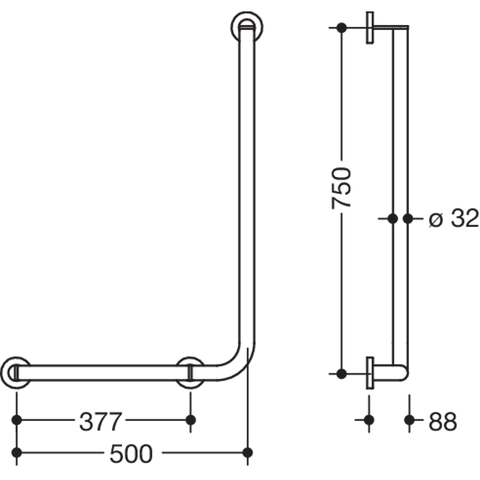 Winkelgriff, 750 x 500 mm, 90°, Ø32, links, Edelstahl, matt geschliffen, 900-22-106XA