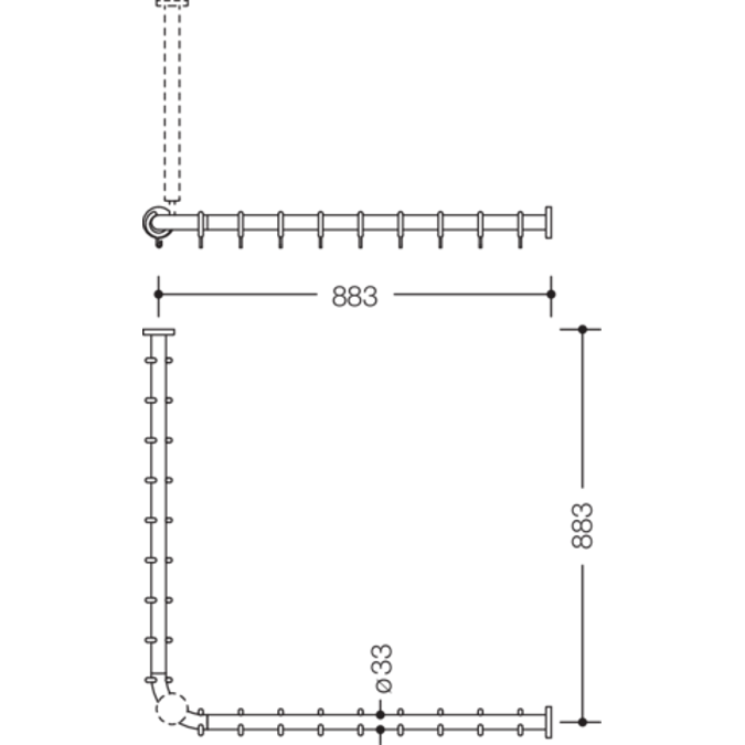 Drążek zasłony prysznicowej HEWI, do brodzika 900 x 900 mm, 801-34-140