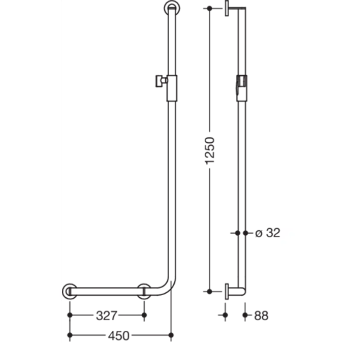 Winkelgriff mit Brausehalter, 1250 x 450 mm, links, Ø32, pulverbeschichtet, Magnetbrausehalter, 900-33M20260