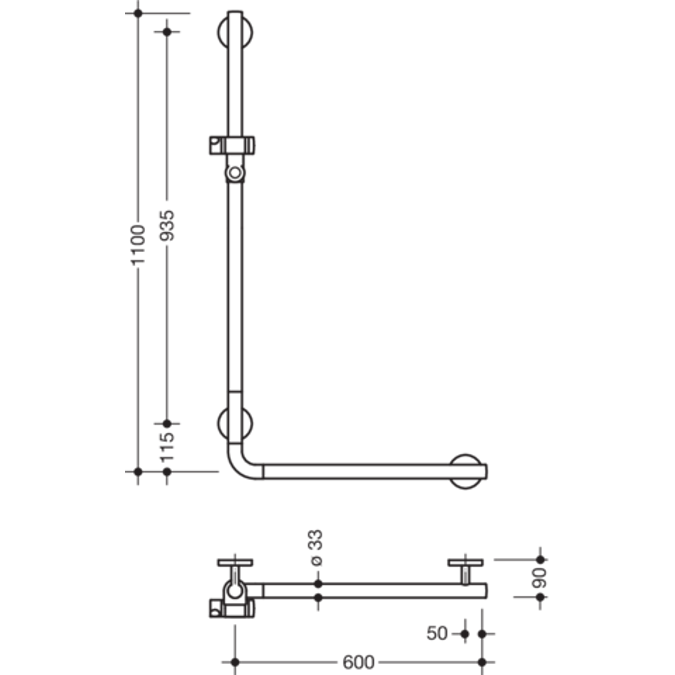 HEWI L-shaped support rail with shower head holder WARM TOUCH