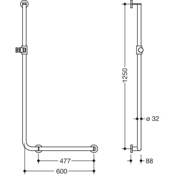 HEWI L-shaped support rail with shower head holder