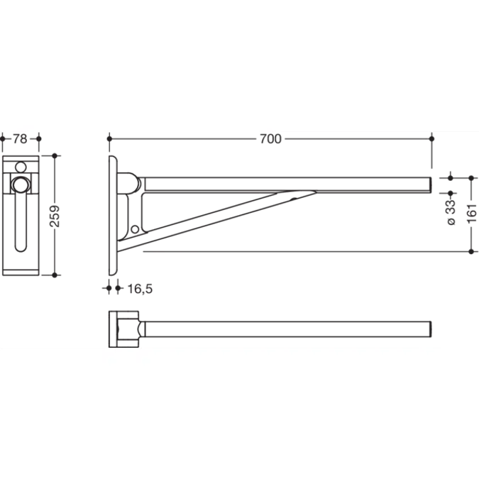 Stützklappgriff, 700 mm, Oberholm Edelstahlschliff-Optik, Ausleger Kunststoff matt, 900-50B217XA